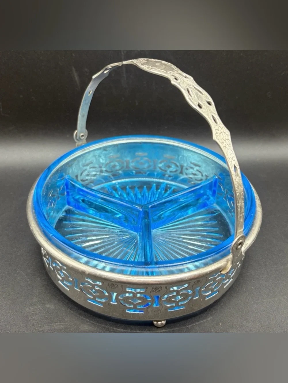 Vintage Mid Century Blue Glass Divided Dish in Silver Tone Metal Handled Basket